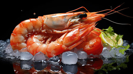 fresh shrimps on ice with lemon wedges, black background and blurの素材