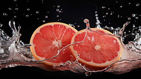fresh grapefruits splashed with water on black and blurred backgroundの素材