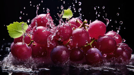 flying fresh grapes exposed to splashing water on black background and blurの素材