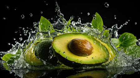 flying fresh avocado hit by splashes of water with black blur backgroundの素材
