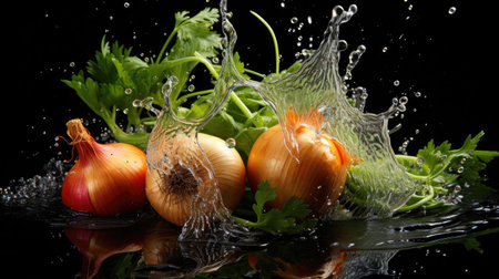 fresh onion splashed with water on black and blurred backgroundの素材