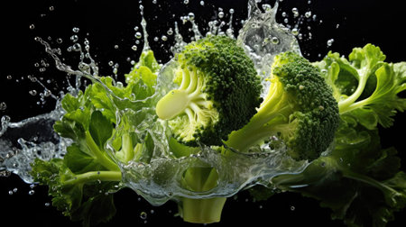 flying fresh green broccoli splashed with water on black background and blurの素材