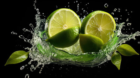 Fresh green limes splashed with water on black and blurred backgroundの素材