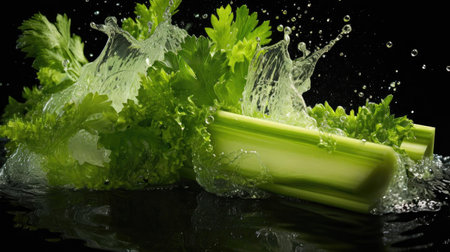 Flying Fresh green celery exposed to water splash on black background and blurの素材