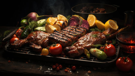 grilled barbeque with melted barbeque sauce and cut vegetables, blur backgroundの素材