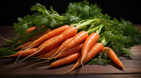 bunch of fresh carrots on a wooden table on a black backgroundの素材