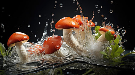 fresh mushroom splashed with water on black and blurry backgroundの素材