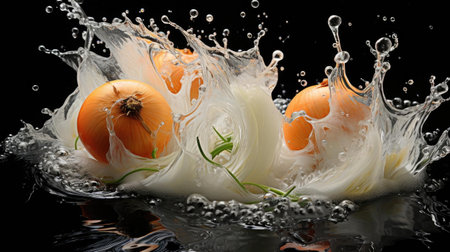 fresh onion splashed with water on black and blurred backgroundの素材