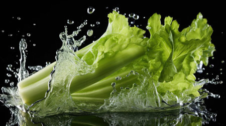 Flying Fresh green celery exposed to water splash on black background and blurの素材