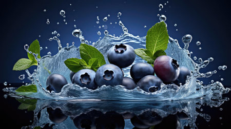 fresh blueberries splashed with water on black and blurry backgroundの素材