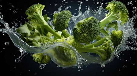 flying fresh green broccoli splashed with water on black background and blurの素材