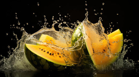 fresh cut water melon splashed with black background and blurの素材