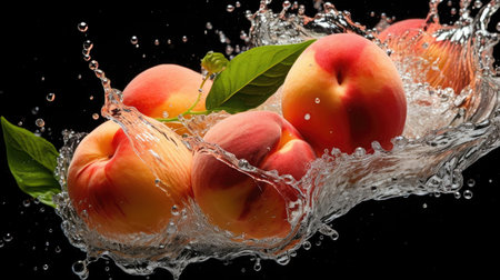 flying fresh peaches hit by water splash on black background and blurの素材