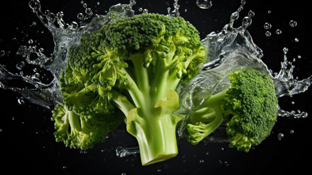 flying fresh green broccoli splashed with water on black background and blurの素材