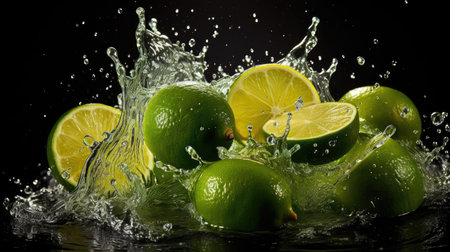 Fresh green limes splashed with water on black and blurred backgroundの素材