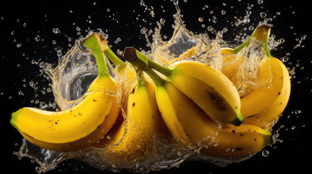 fresh banana hit by splashes of water with black blur backgroundの素材