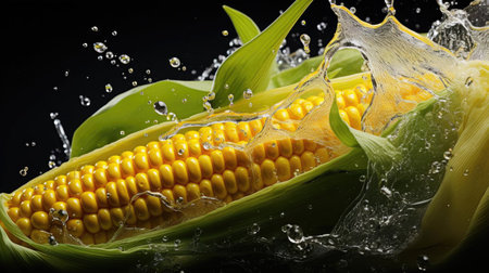 fresh corn exposed to water splash on black and blurry backgroundの素材