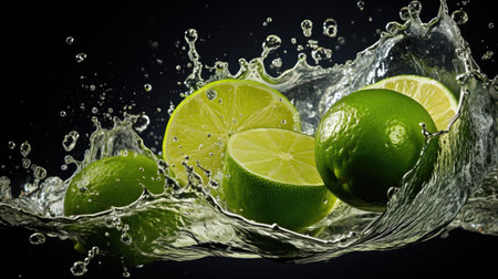Fresh green limes splashed with water on black and blurred backgroundの素材