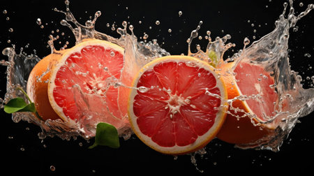 fresh grapefruits splashed with water on black and blurred backgroundの素材
