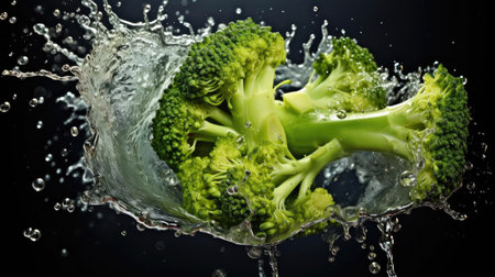 flying fresh green broccoli splashed with water on black background and blurの素材