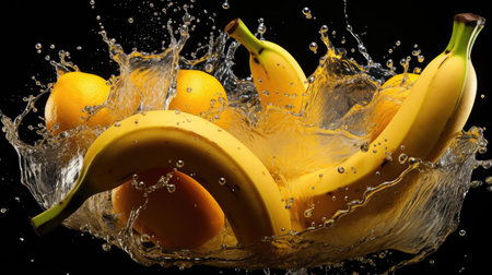 fresh banana hit by splashes of water with black blur backgroundの素材