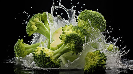 flying fresh green broccoli splashed with water on black background and blurの素材