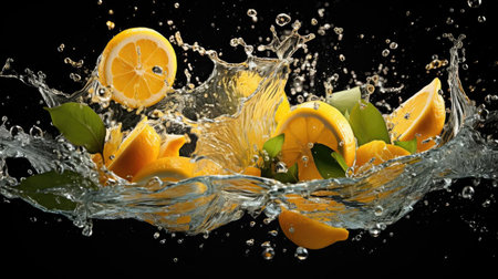 fresh yellow lemon splashed with water on black and blurred backgroundの素材