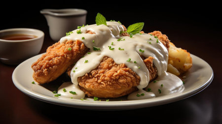 fried pork chops with melted mayonnaise on a plate, black background and blurの素材