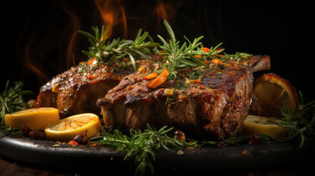 Grilled lamb chops with barbeque sauce on a plate with black and blurry backgroundの素材