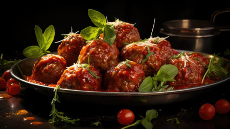meatballs with melted tomato sauce on a bowl with a black background and blurの素材
