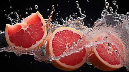 fresh grapefruits splashed with water on black and blurred backgroundの素材