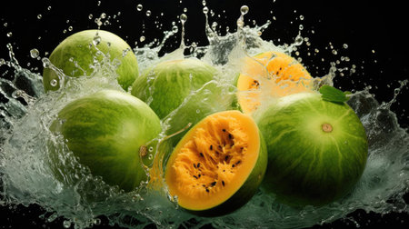 fresh cut water melon splashed with black background and blurの素材