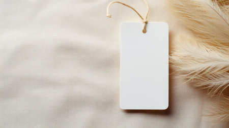 white blank tag with a rope for mockup on cream color backgroundの素材