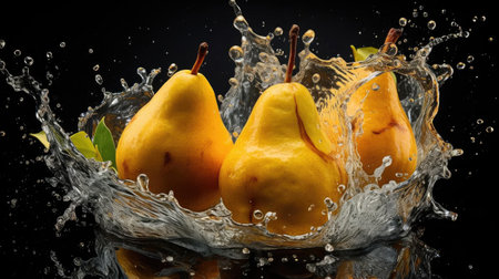 Fresh yellow pears splashed with water on a black, blurred backgroundの素材