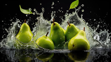 Fresh yellow pears splashed with water on a black, blurred backgroundの素材