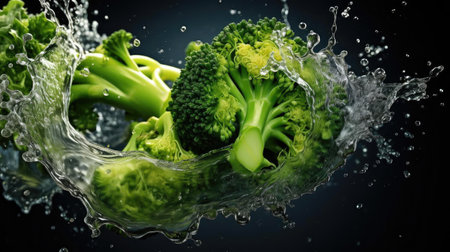 flying fresh green broccoli splashed with water on black background and blurの素材
