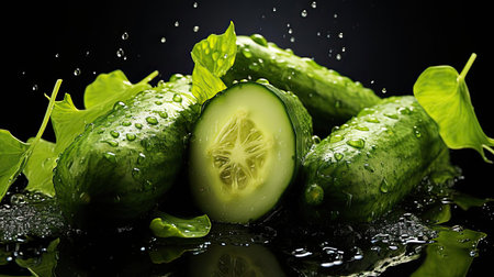 fresh green cucumber splashed with water on black and blurred backgroundの素材
