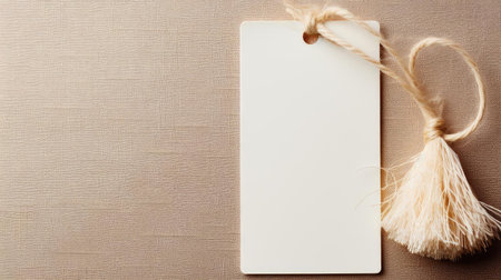 white blank tag with a rope for mockup on cream color backgroundの素材