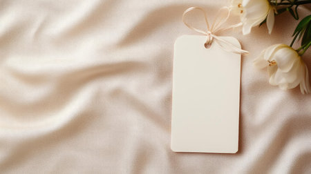 white blank tag with a rope for mockup on cream color backgroundの素材