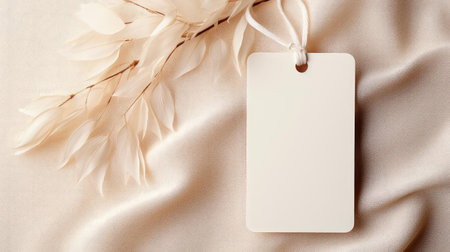 white blank tag with a rope for mockup on cream color backgroundの素材