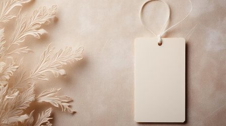 white blank tag with a rope for mockup on cream color backgroundの素材