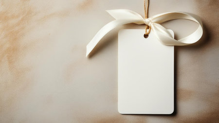white blank tag with a rope for mockup on cream color backgroundの素材
