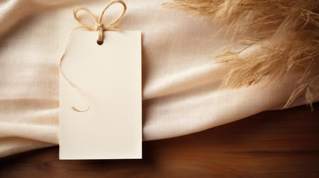 white blank tag with a rope for mockup on cream color backgroundの素材