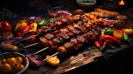 grilled barbeque with melted barbeque sauce and cut vegetables, blur backgroundの素材