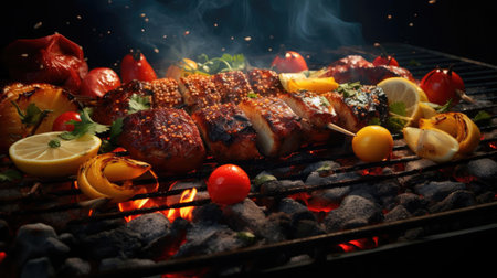 grilled barbeque with melted barbeque sauce and cut vegetables, blur backgroundの素材