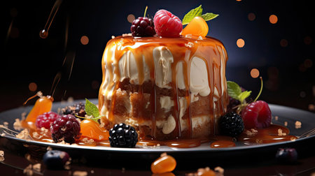 sweet pudding with fruit topping and melted sweet syrup on a wooden table with blurry backgroundの素材