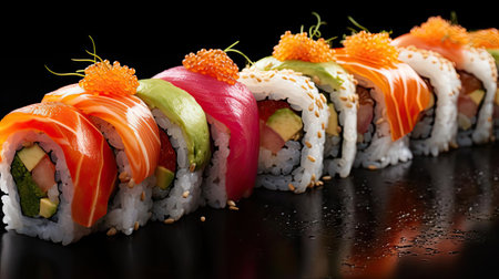 fresh sushi full of meat and vegetables on wooden table with black and blur backgroundの素材