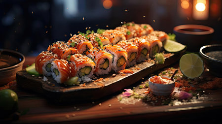 fresh sushi full of meat and vegetables on wooden table with black and blur backgroundの素材