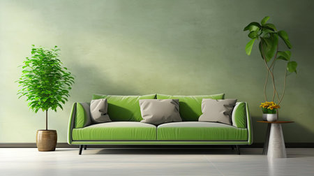 Modern living room interior with sofa and green leaf ornament and minimalist designの素材