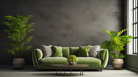 Modern living room interior with sofa and green leaf ornament and minimalist designの素材